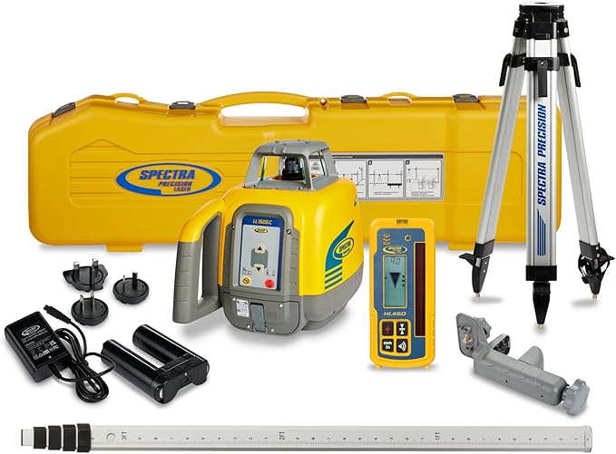 Spectra Precision LL1505C Rotary Laser Kit with HL450 Receiver, GR151 Grade Rod (tenths), Tripod, NiMH Battery & Accessories — ±1.5 mm Accuracy, IP66 Rugged Design - Premium - System Case