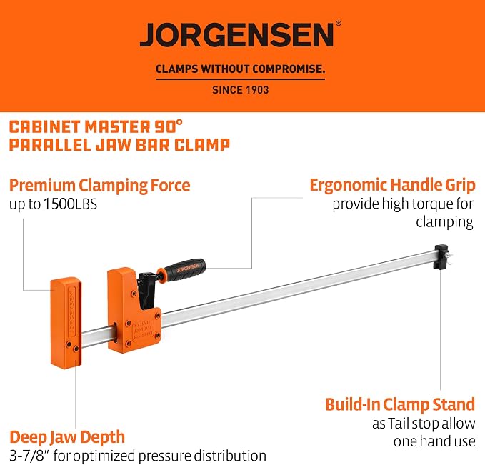 Jorgensen 30-inch Bar Clamps Set, 2-pack 90° Parallel Clamps Cabinet Master, Steel Jaw Bar Clamp for Woodworking, 1500 lbs load Limited