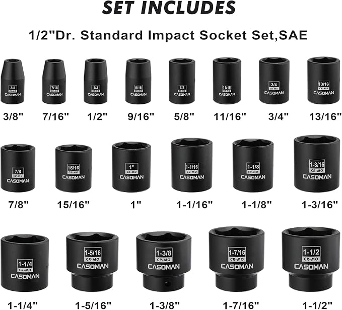 CASOMAN 19 Piece 1/2-Inch Drive Standard Impact Socket Set, SAE, Shallow, 3/8" to 1-1/2", Cr-Mo Alloy Steel, Radius Corner Design, Impact Grade