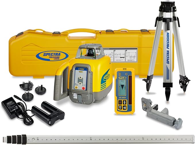 Spectra Precision LL1505C Rotary Laser Kit with HL450 Receiver, GR152 Grade Rod (inches), Tripod & Battery System — IP66 Rugged Accuracy - Premium - System Case