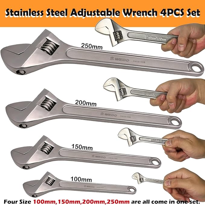 WEDO 4PCS Adjustable Wrench Set 4",6",8",10",Stainless Steel | Wide Jaw Spanner,Professional Spanner,Precision Jaws,Corrosion Resistant,For Automotive,Home and Plumbing Repairs