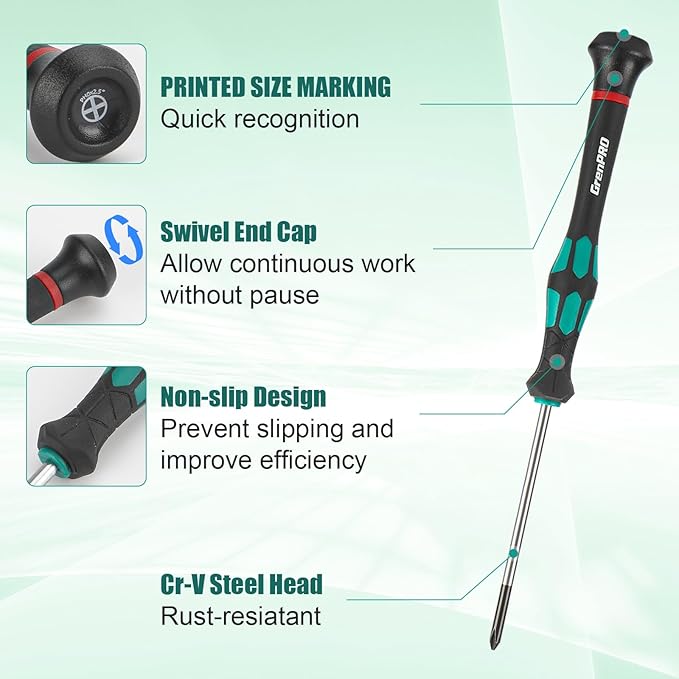 GRENPRO 10-Piece Precision Screwdriver Set, Magnetic Small Screwdrivers with Phillips, Slotted, Torx Star for Eyeglass, Watch, Computer, Laptop, Phone,Green