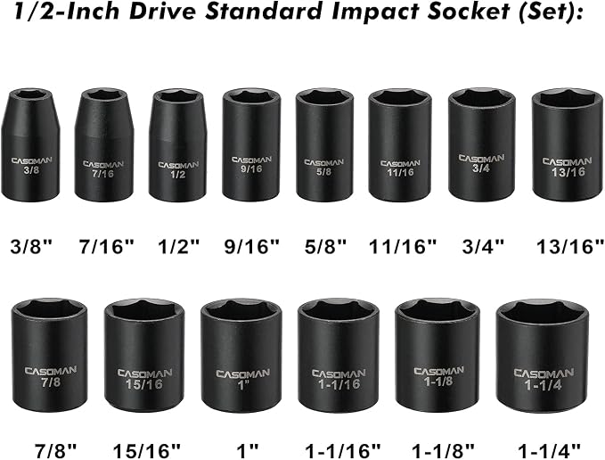 CASOMAN 14 Pieces 1/2-Inch Drive Shallow Impact Socket Set, 6-Point, SAE, 3/8" to 1-1/4"
