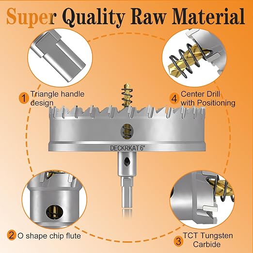 DECKRKAT 6" TCT Hole Saw, Heavy Duty 152mm Tungsten Carbide Tipped, Spring-Loaded Pilot Drill Bit, for Stainless Steel, Aluminum, Plastic, Copper, Alloy Steel