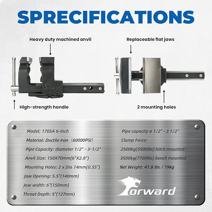 Forward 1705A 6" Hitch Vise Truck Vise Mount Trailer Fits 2" Hitch Receiver