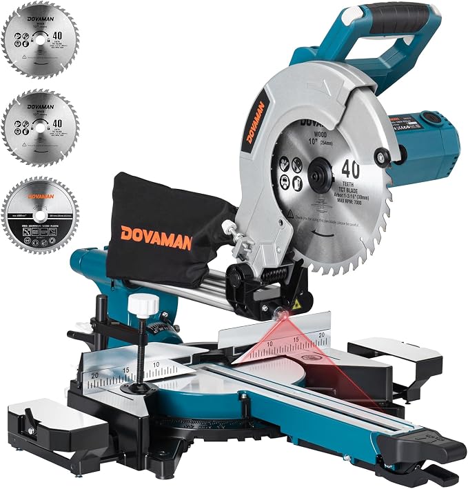 DOVAMAN Updated 10-Inch Sliding Miter Saw, Multi-Material Cutting w/ 3 x TCT Blades, Ambidextrous Operation, 5000/3200RPM Speed, Laser Guide, 0-45° Bevel Cut, Max Cut 3.5x13.4in, 9 Positive Stops