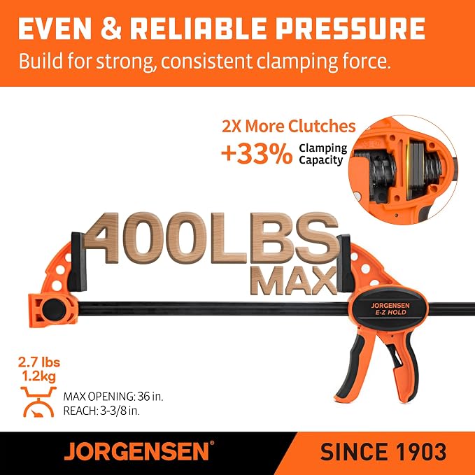 Jorgensen 36" E-Z Hold Medium-Duty Bar Clamps, 400 lbs Load Limit, 2-Pack