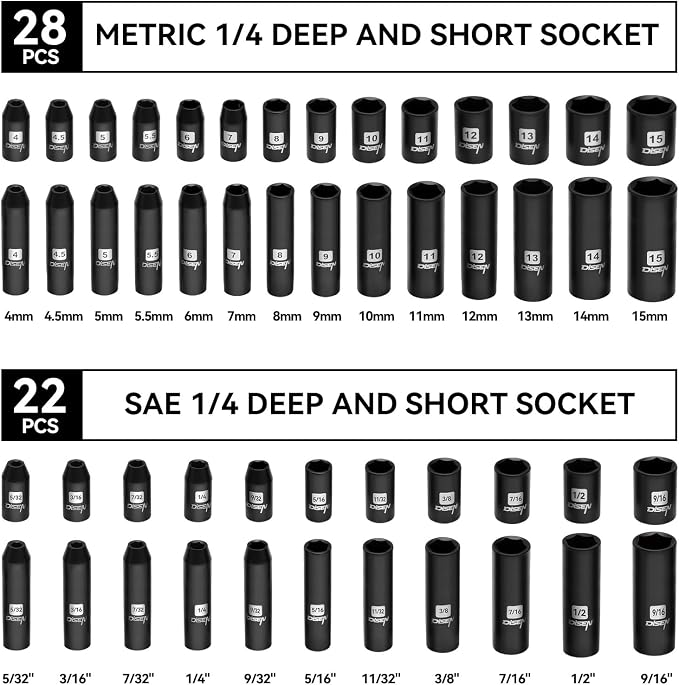 DISEN 94 PCS 1/4" Drive Impact Socket Set | Shallow & Deep Socket SAE(5/32"-9/16") & Metric(4-15mm), Torx Screwdriver Bit Set, CRV, Automotive Repair