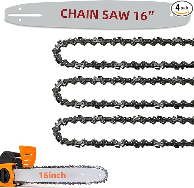 16 Inch Bar and Chain Combo .050" Gauge, 3/8" Pitch 56 Drive Links 16-Inch Replacement Chainsaw Bar and Chains Compatible with Craftsman, Echo, Poulan (3Chains+1Bar)