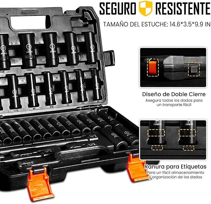 BOEN 35PCS 1/2” Drive Impact Socket Set, Deep SAE(3/8"-1-1/4") & Metric(8-24mm) Socket with Extension Bars, 6 Point Cr-V Steel for Auto Repair, Double Lock Case