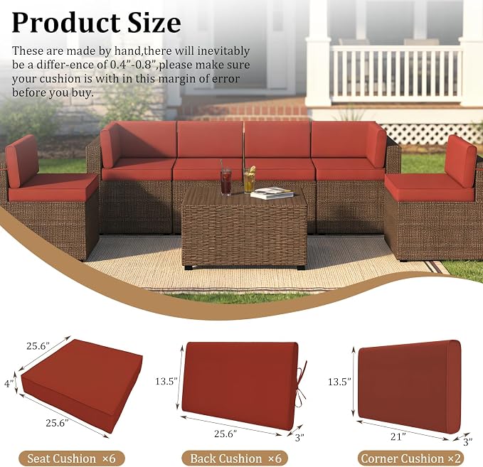 14 Piece Outdoor Furniture Replacement Cushions, Cover+Filling, 25.6" x 25.6" x 4" Foam Waterproof Outdoor Sofa Cushion Sets, Fit Wicker Rattan Sectional Conversation Set,Brick Red