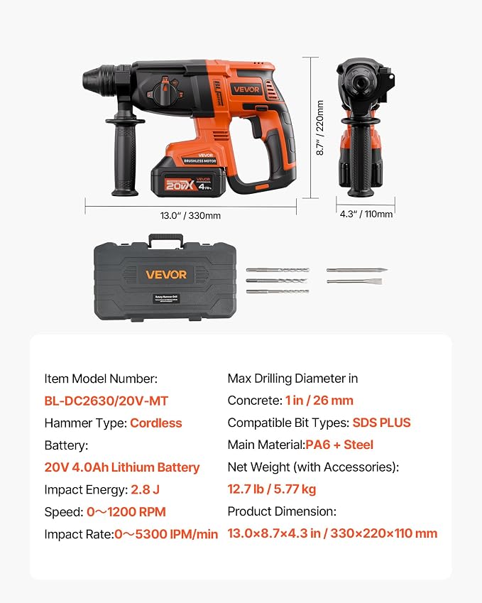 VEVOR 1" SDS-Plus Rotary Hammer Drill, 20V Brushless Cordless SDS Hammer Drills, 4.0Ah Lithium-Ion Battery Powered,3.0A Fast Charger, 4 Modes,Rotomartillo for Concrete,1200 RPM, 5300 BPM