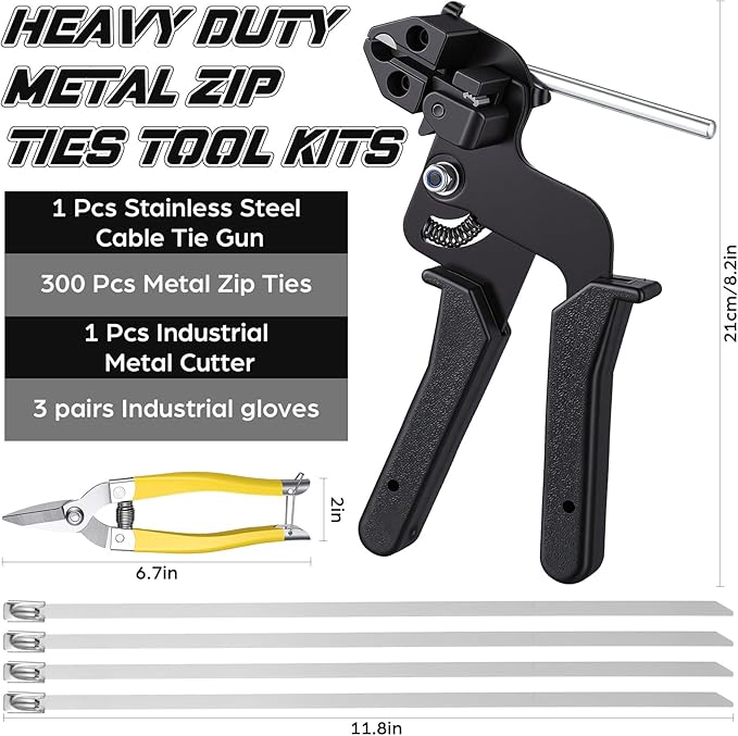 305 Pack Stainless Steel Cable Tie Gun Kit, 300 Pcs 11.8 Inch Metal Zip Ties, with Adjustable Fastening and Cutting Tools for Fence, Chain Link Fence, Pipe, Industrial Use