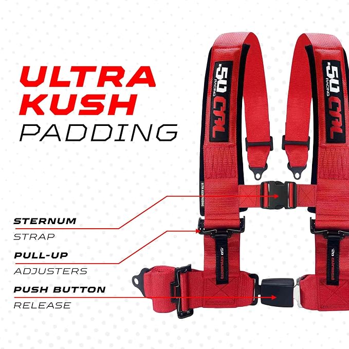 1pc 50 Cal Red 4 Point Harness 3in Straps, Racing Harness Seat Belt | Ultra Kush padding, Push Button quick release hardware. Universal Fit for UTV, RZR, race car.
