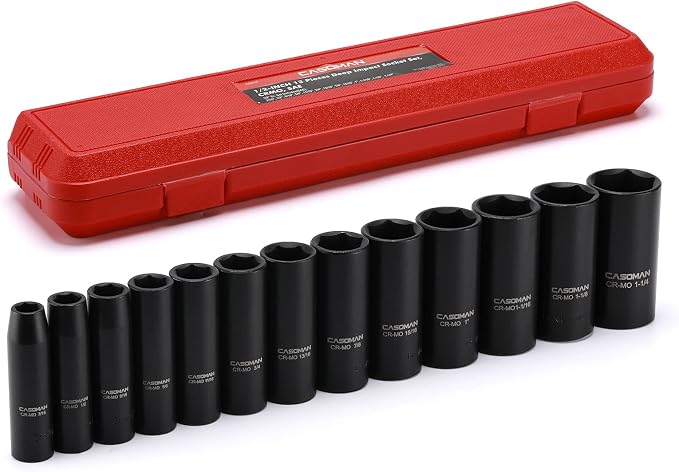 CASOMAN 1/2-Inch Drive Deep Impact Socket Set, 13 Pieces Set, 7/16"-1-1/4", CR-MO, SAE, Heavy Duty Storage Case
