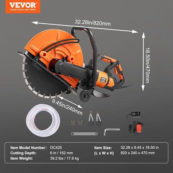 VEVOR Electric Concrete Saw, 16 in, 3200 W Motor Circular Saw Cutter | Max. 6 in Adjustable Cutting Depth, Wet Disk Cutter, Includes Water Line, Pump and Blade, For Stone, Brick