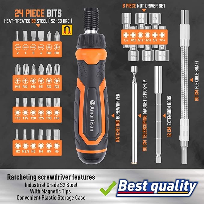 Amartisan 34-Piece Multi-bit Screwdriver Set Tool All in One, Portable Multi-Purpose Screwdriver