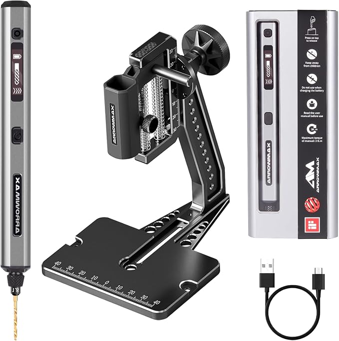 Mini Electric Drill Pen with Benchtop Press, 5-Speed, 10 Small Drill Bits with Aluminium Box, LED Lights, OLED Display, Resin Drill Set For Jewelry Making, Plastic, Wood (SDS ULTRA PLUS)