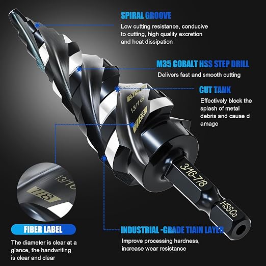 M35 Four Spiral Flute Step Drill Bit Set 1/8"-7/8"(3 pcs), 1/4" Hex Shank Unibit Step Drill bit, Impact Resistant M35 Cobalt Step Drill Bit, for Stainless Steel, Wood, Aluminum, Plastic