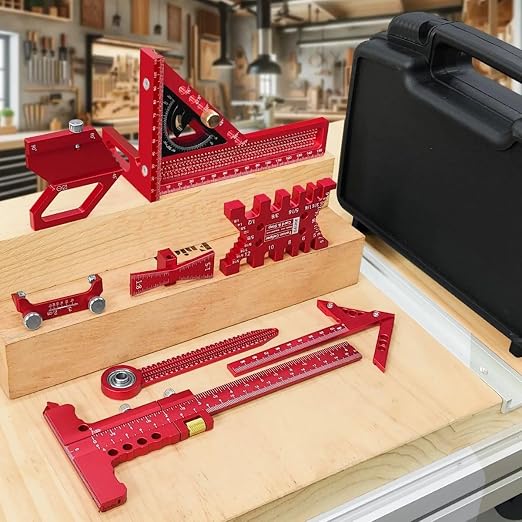 Woodworking Measuring Tools with Box, Aluminum Scribeing Ruler, Multi-Purpose Marking Ruler, Precision Layout Measuring Tool Carpentry Square Kits for Engineer Carpenter (9pcs with Box)