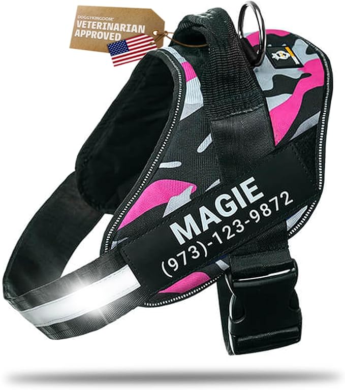 Personalized Dog Harness with Custom Name Patches, Adjustable Reflective No Choke Dog Vest with Handle for XXL Dog, Camouflage Pink, 2XL