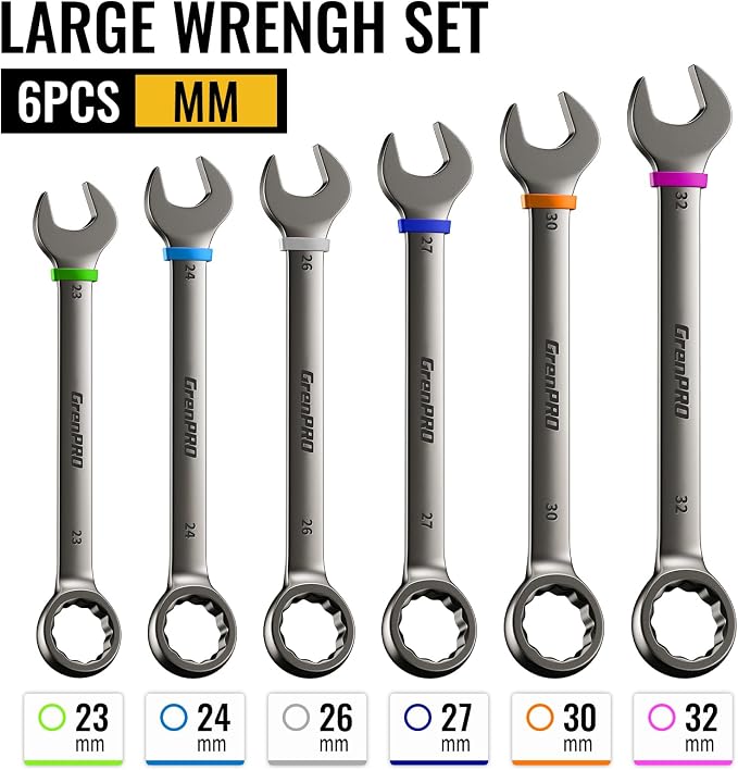GRENPRO 23-32MM Large Metric Wrench Set, Combination Open End Wrench Sets | Long Wrench Tool set, 15-Degree Offset, 12-Point Box-End & Roll-Up Pouch With Gauge, Nickel plated CR-V, Convenient Storage