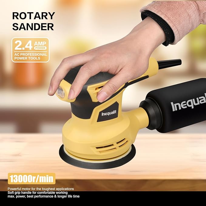 Random Orbital Sander, 2.4Amp 5-Inch Corded Palm Sander, Max 13000 OPM Electric Drywall Sander with 6 Variable Speed, 15Pcs Sandpapers and Dust Bag for Woodworking Sanding Polishing
