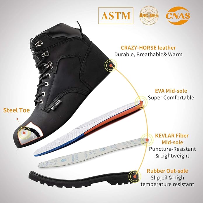 Work Safety Boots for Men Durable Crazy-Horse Leather Indestructible Steel Toe Waterproof and Non-Slip Better Warmth Men Work Shoes