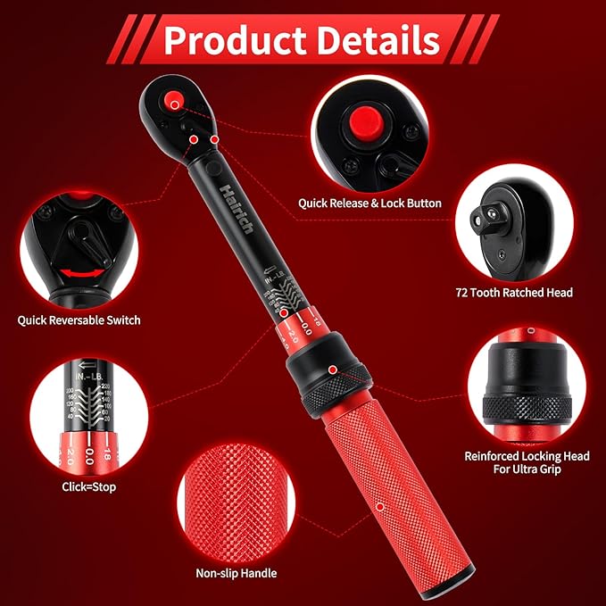 Hairich 1/4-Inch Torque Wrench, Dual-direction Small Torque Wrench 20-220in.lb/2.3-24.9Nm, 72 tooth High Precision Professional with Dual Range Scales