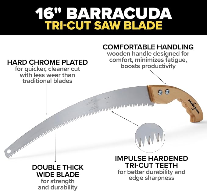 Jameson HS-16TE-WH Barracuda™ Tri-Cut Hand Saw Kit, 16-Inch Blade with Wooden Handle, Efficient and Clean Cutting