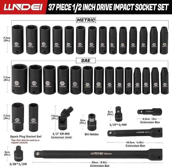 LLNDEI 1/2" Drive Deep Impact Socket Set 37Pcs SAE/Metric CR-MO | 3/8"-1-1/4" & 8-24mm, Spark Plug 16/21mm, Universal Joint & Extensions, for Auto, Truck & Heavy Equipment