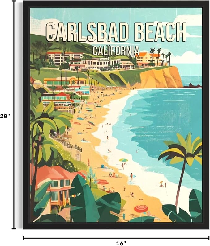 Carlsbad Beach California Black Framed Wall Art Print Poster, US Vintage Retro Beach Scenery Posters Prints for Restroom Home Picture Painting Artwork Gallery 219 (Carlsbad Beach California, 16 x 20 inches, Black Frame)