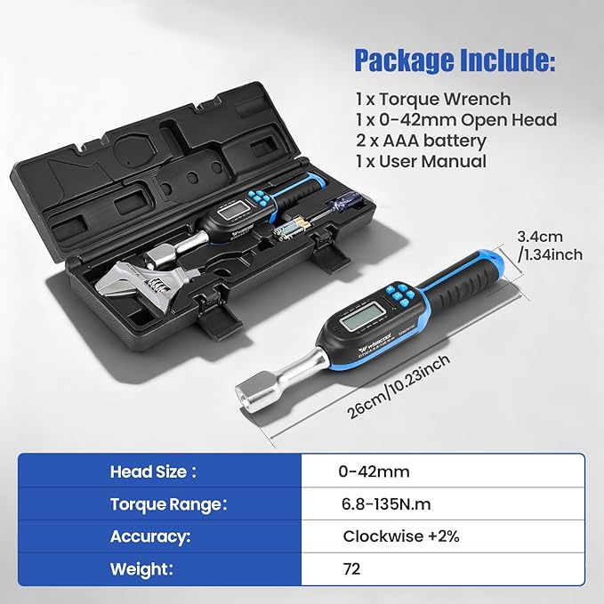 Adjustable Digital Torque Wrench, 5-99.6 ft.lb/6.8-135 N.m | Hvac Torque Wrench with 42mm Jaw, ±2% Accuracy, Vibration, Buzzer and LED Indicator for Split AC, Moto, Car