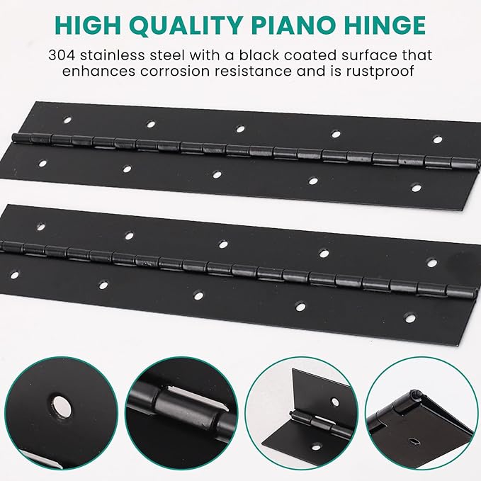 2Pcs 6inch Black Heavy Duty Continuous&Piano Hinges,1.2" Open Width Stainless Steel Piano Hinge with Holes and Screws,Working for Wood Box,Wood Furniture,Piano Cabinets