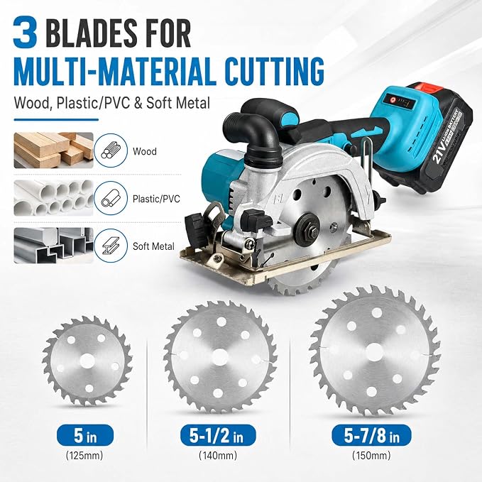 6 Inch Cordless Mini Circular Saw Brushless Motor | 2 Batteries & Charger, 3 Saw Blades Included (5", 5-1/2", 6"), Compact Saw for Wood, Plastic & Metal Cutting