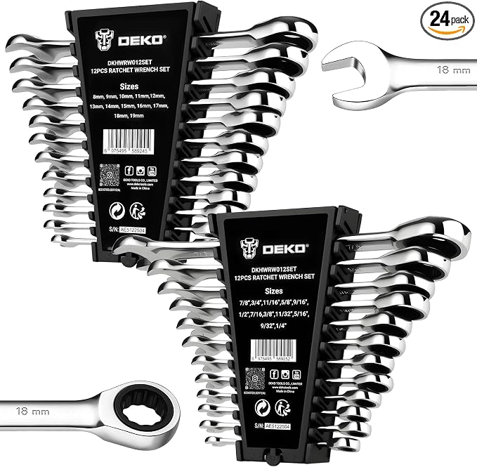 DEKOPRO 24-Piece Ratcheting Combination Wrench Set Metric 8-19mm & SAE 1/4"-7/8", Fixed-Head Ratchet Wrenches Set with Rack Organizer, Cr-V Steel 12 Point 72 Teeth