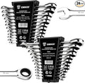 DEKOPRO 24-Piece Ratcheting Combination Wrench Set Metric 8-19mm & SAE 1/4"-7/8", Fixed-Head Ratchet Wrenches Set with Rack Organizer, Cr-V Steel 12 Point 72 Teeth