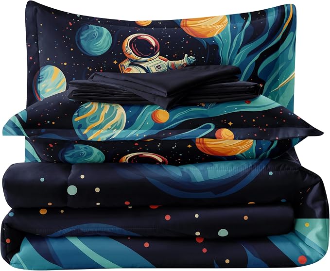 Space Astronaut Full Comforter Set, 5-Piece Boys Bedding with Galaxy and Astronaut Patterns for Kids