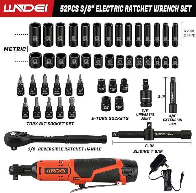 LLNDEI 3/8" Cordless Electric Ratchet Wrench Set 52Pcs | 40FT-LBS Torque, Variable Speed, LED Light, Includes Sockets & Adapters, Ideal for Automotive Repair, DIY Garage