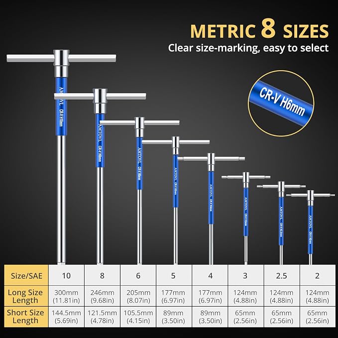 AMTOVL T-Handle Hex Allen Wrench Set - Metric, 8 Pcs 2mm-10mm | 3 Way T-Handle Allen Key Set Sliding Handle, Chrome Vanadium Steel, with Carry Box, for DIY Mechanicsand Bicycle Enthusiasts