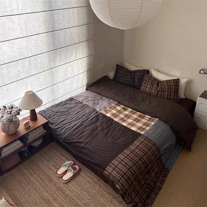 Sedefen Brown Gingham Duvet Cover 3 Pcs Queen Size Dark Brown Plaid Bedding Set Kids Boys Girls Coffee Vintage Checked Soft Microfiber Breathable Duvet Cover Set with 2 Pillowcases