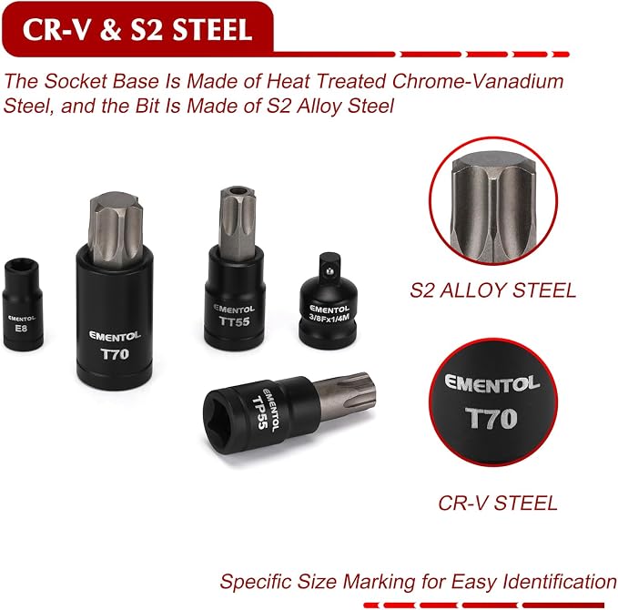 EMENTOL Master Torx Bit Socket and External Torx Socket Set, 1/4" 3/8" 1/2" Drive, 67PCS, T6-T70, TT6-TT70, TP8-TP60, E4-E24, Includes Socket Adapters, Drill Adapters, CR-V Steel