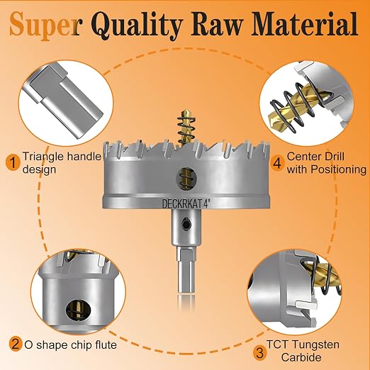 4" TCT Hole Saw for Hard Metal, Heavy Duty 100mm Tungsten Carbide Tipped Hole Cutter with Spring-Loaded Pilot Drill Bit for Stainless Steel, Metal, Iron, and Plastic