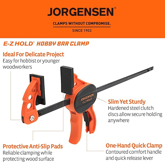 Jorgensen E-Z Hold Clamps 4 Inch Bar Clamps 2 Pack, One Hand Clamp Quick Grip, Mini Bar Clamps for Woodworking, Bar Clamps for Woodworking, Hobby Craft Woodworking Clamps