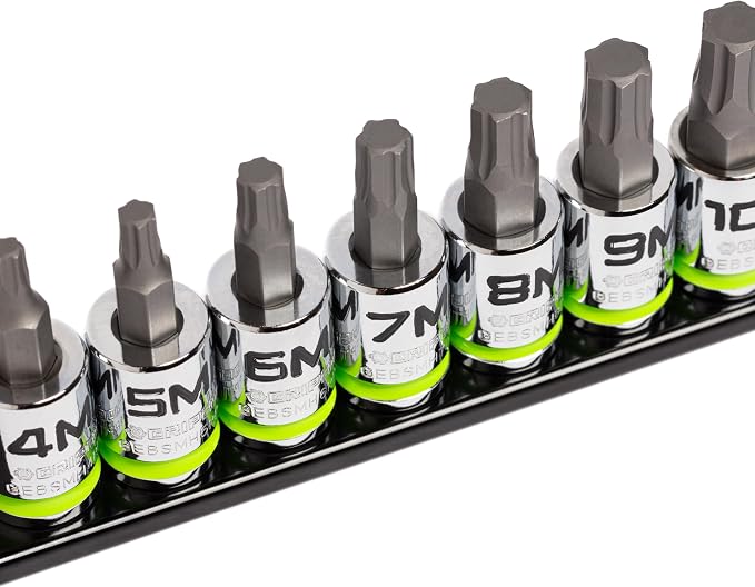 GRIPEDGE HEX Bit Socket Set | 7-PC - 3/8'' Drive Short Metric RPT Hex Driver Set | Sizes 4MM - 10MM | Made With S2 Steel | Includes Premium Aluminum Storage Rail |