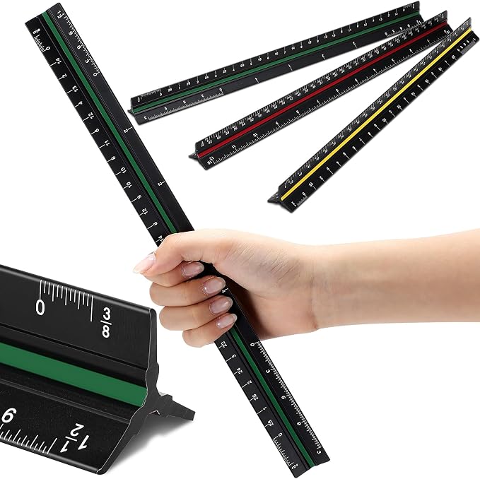 Macarrie 10 Pcs Architectural Scale Ruler 12" Architect Engineers Scale Triangular Ruler Set Aluminum Metal Rulers with Imperial Measurements for Architect Student Draftsman Engineer (3 Colors)