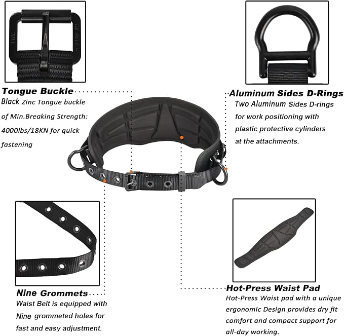 Tongue Buckle Body Belt (Aluminum Hardware) With Hot-Pressing Waist Pad and 2 Aluminum Side D-Rings Personal Protective Equipment | Waist Fitting Size 32'' to 50''