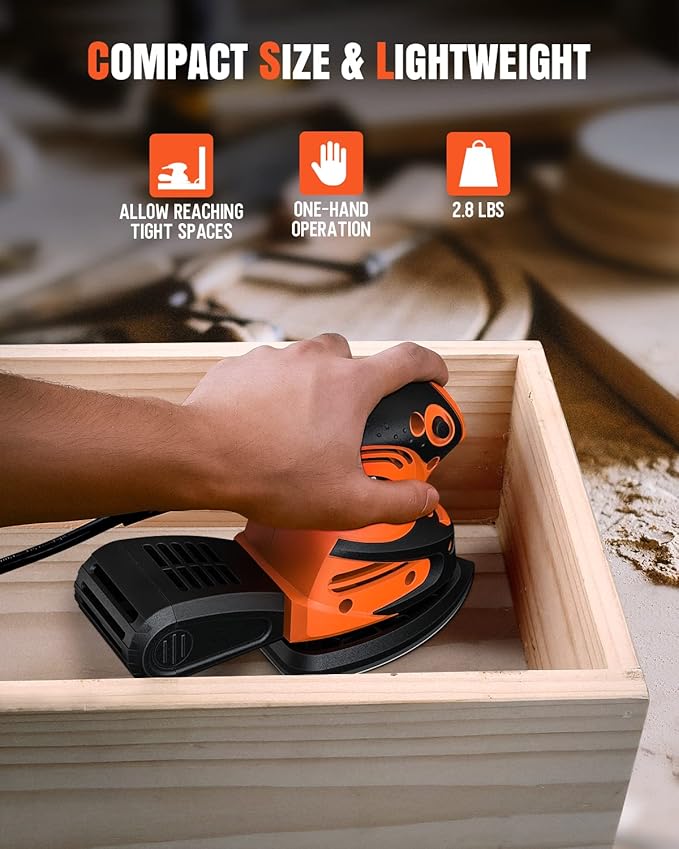 DWT Detail Sander, 1.5A 15000 OPM Electric Sander with 24pcs Sandpapers, Efficient Dust Collection System & Detail Finger Attachment, Soft Grip Handle, Compact Hand Sander for Woodworking