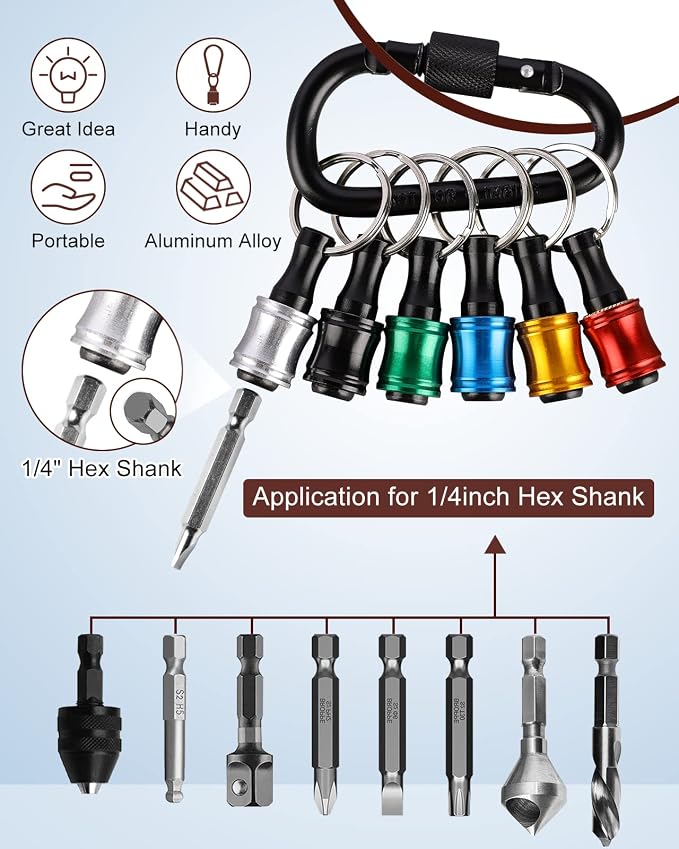 katerk 6pcs 1/4 inch Hex Shank Aluminum Alloy Screwdriver Bits Holder 4 Sets, Light-weight Quick-change Extension Bar Keychain Drill Screw Adapter Change Portable (With Black Carabiner)