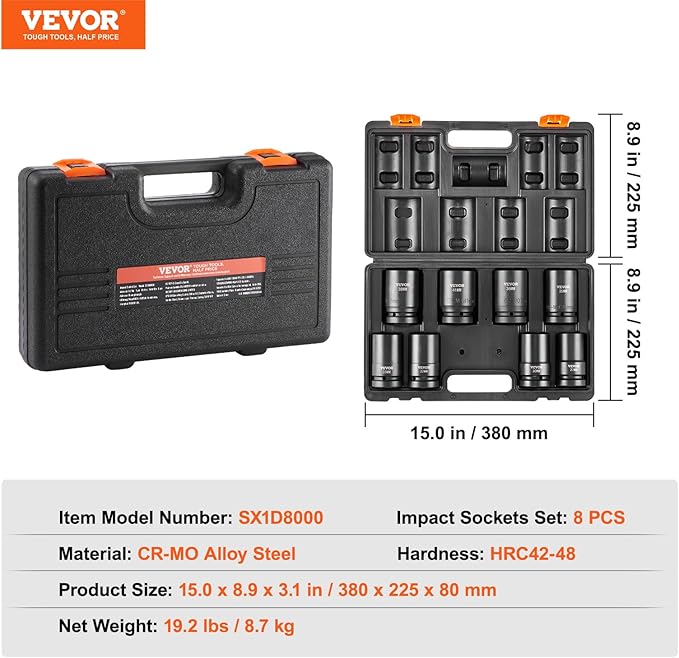 VEVOR 1" Drive Impact Socket Set, 8 Piece Deep Socket Set Metric 27-41mm, 6 Point Cr-Mo Alloy Steel for Auto Repair, Easy-to-Read Size Markings, Rugged Construction, Includes Storage Case